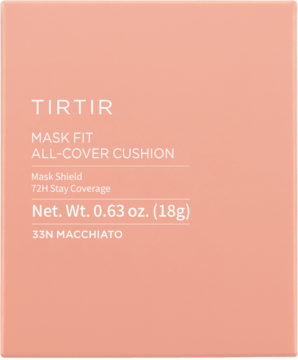 Brzoskwiniowe opakowanie TIRTIR Mask Fit All-Cover Cushion 33N Macchiato. Podkład kryjący 72H.