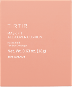 Brzoskwiniowe opakowanie matującego podkładu TIRTIR Mask Fit All-Cover Cushion 35N Walnut, widok z przodu.