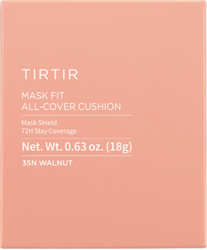 Brzoskwiniowe opakowanie matującego podkładu TIRTIR Mask Fit All-Cover Cushion 35N Walnut, widok z przodu.