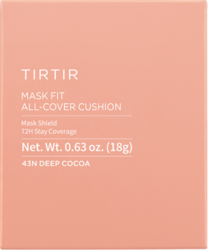 TIRTIR Mask Fit All Cover Cushion 43N Deep Cocoa, peach opakowanie podkładu 18g, biały tekst, widok z przodu.