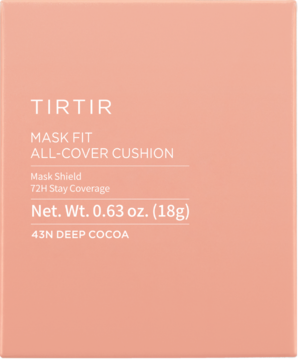 TIRTIR Mask Fit All Cover Cushion 43N Deep Cocoa, peach opakowanie podkładu 18g, biały tekst, widok z przodu.