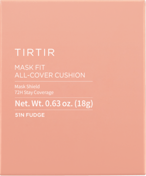 TIRTIR Mask Fit All-Cover Cushion 51N Fudge, matowy podkład w jasnopomarańczowym opakowaniu. Widok z przodu.