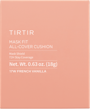 Brzoskwiniowe pudełko kryjącego podkładu TIRTIR Mask Fit All-Cover Cushion 17W French Vanilla, widok z przodu.