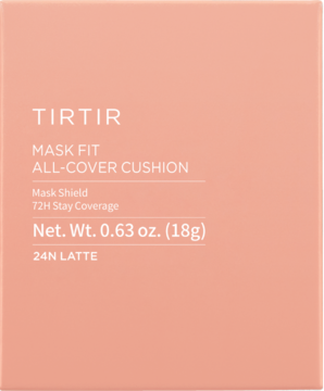 Brzoskwiniowe pudełko TIRTIR Mask Fit All-Cover Cushion 24N Latte. Matujący podkład kryjący, widok z przodu.