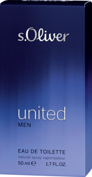 s.Oliver United MEN Eau de Toilette, granatowe pudełko 50ml, widok z przodu, z połyskującymi napisami.