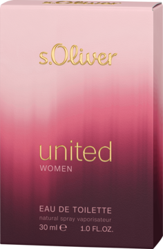 Różowo-czerwony kartonik s.Oliver United Women, woda toaletowa 30ml, z gradientem i złotym logo, widok z przodu.