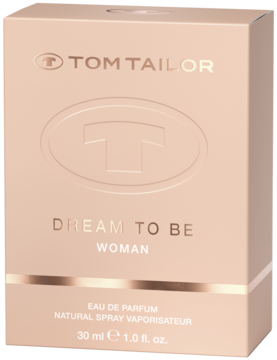 Tom Tailor Dream to Be Woman Eau de Parfum 30ml, w brzoskwiniowo-złotym pudełku z wytłoczonym logo T.