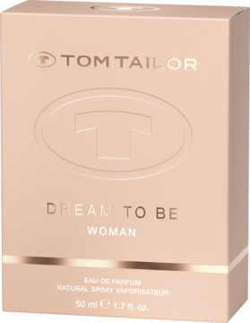 Tom Tailor Dream to Be Woman Eau de Parfum w beżowym pudełku, z wytłoczonym logo T i złotym napisem, widok z przodu.