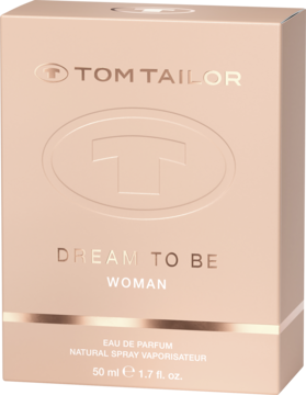 Tom Tailor Dream to Be Woman Eau de Parfum w beżowym pudełku, z wytłoczonym logo T i złotym napisem, widok z przodu.