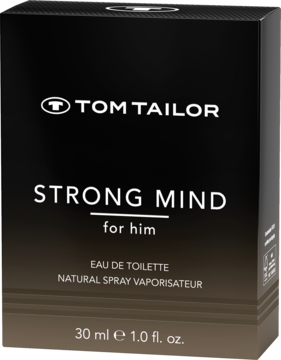 Tom Tailor Strong Mind dla mężczyzn, czarne opakowanie wody toaletowej 30ml z białym napisem, widok z przodu.