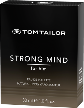Tom Tailor Strong Mind dla mężczyzn, czarne opakowanie wody toaletowej 30ml z białym napisem, widok z przodu.