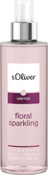 S.Oliver UNITED floral sparkling body splash 250ml, różowa butelka z białym logo, widok z przodu.