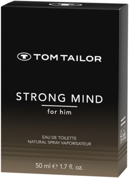 Woda toaletowa Tom Tailor Strong Mind for Him 50ml w czarno-brązowym kartoniku, widok z przodu.