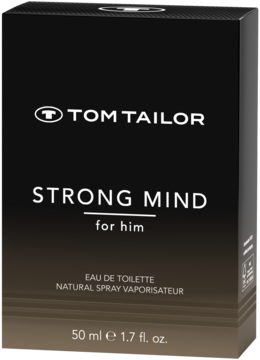 Woda toaletowa Tom Tailor Strong Mind for Him 50ml w czarno-brązowym kartoniku, widok z przodu.