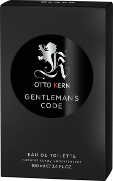 Czarne pudełko Otto Kern Gentleman's Code EDT 100ml, ze srebrnym logo lwa i napisem, widok z przodu.
