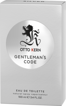 Srebrne pudełko Otto Kern Gentlemans Code Silver Eau de Toilette 100 ml, z logo lwa, widok z przodu.