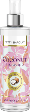 Betty Barclay Coconut Pistachio mgiełka do ciała i włosów, przezroczysta butelka z różowo-złotym wzorem, front.