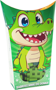 Zielone pionowe pudełko Mini Waffle Pocket Pets Krokodyl z rysunkiem gada i napisem "ZABIERZ MNIE DO DOMU!".