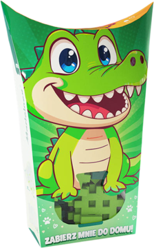 Zielone pionowe pudełko Mini Waffle Pocket Pets Krokodyl z rysunkiem gada i napisem "ZABIERZ MNIE DO DOMU!".