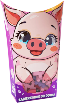 Różowe pudełko Marioinex Mini Waffle Pocket Pets Świnka z rysunkiem uroczego prosiaczka i widocznymi klockami.