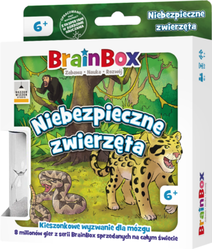 Pudełko gry edukacyjnej BrainBox Niebezpieczne zwierzęta, z ilustracją dżungli, lamparta i węża, widok z przodu.