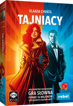 Pudełko gry Tajniacy (Codenames), szpiegowska gra słowna. Postacie agentów, czerwono-niebieskie tło. Przód.
