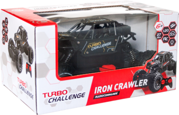 Zdalnie sterowany czarny IRON CRAWLER, samochód terenowy w białym pudełku Turbo Challenge, widok pod kątem.