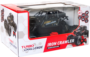 Zdalnie sterowany czarny IRON CRAWLER, samochód terenowy w białym pudełku Turbo Challenge, widok pod kątem.