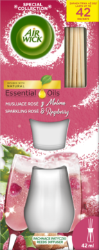 Air Wick dyfuzor zapachowy Sparkling Rose & Raspberry z olejkami, różowe opakowanie, widok z przodu.
