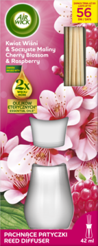 Air Wick Pachnące Patyczki Reed Diffuser Cherry Blossom & Raspberry 42ml, z olejkami eterycznymi.
