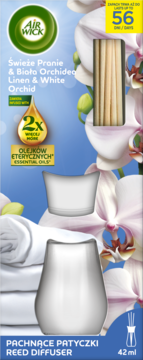 Air Wick Reed Diffuser Linen & White Orchid, 42ml, niebieskie opakowanie z białymi orchideami i dyfuzorem.