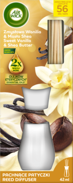 Air Wick Reed Diffuser Sweet Vanilla & Shea Butter, pomarańczowe opakowanie z wanilią i orzechami shea, widok z przodu.