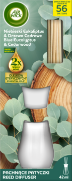 Air Wick Reed Diffuser o zapachu niebieskiego eukaliptusa i cedru, 42ml, z olejkami eterycznymi, zielone opakowanie przedstawiające dyfuzor.