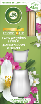 Opakowanie Air Wick Reeds Diffuser Jaśmin i Frezja 42ml z patyczkami, zielone z kwiatami, widok z przodu.
