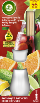 Air Wick Reed Diffuser Fruity Sangria & Spices, 42ml, lasts 56 days, 2x essential oils, on red packaging.