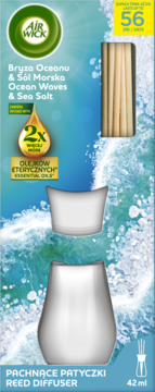 Air Wick Reed Diffuser Ocean Waves & Sea Salt 42ml, niebieskie opakowanie z logo, białym dyfuzorem i 7 patyczkami.