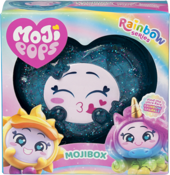 Moji Pops Mojibox Rainbow Series, brokatowe serce z buzią, białe pudełko z kolorowymi postaciami.