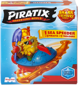 Piratix Adventure World Shark Treasure, niebieskie pudełko z figurką pirata na pomarańczowym sea speederze, widok z przodu.