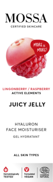 Mossa Certified Skincare Juicy Jelly, nawilżający żel do twarzy z borówką i maliną. Białe tło, obraz jagody.
