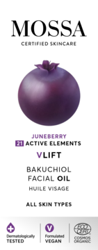 Mossa V Lift Bakuchiol Facial Oil, juneberry i 21 składników aktywnych, dla wszystkich typów cery, duża fioletowa jagoda.