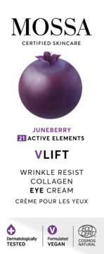 Mossa V Lift Juneberry Wrinkle Resist Collagen Eye Cream, biała etykieta z fioletową juneberry, wegańska formuła.