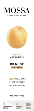Opakowanie Mossa BB Nude Soft Beige, krem BB z dziką śliwką, nawilżający, na białym tle.