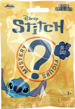 Żółta saszetka Disney Stitch Nano Metalfigs z figurką niespodzianką, duży niebieski znak zapytania, widok z przodu.