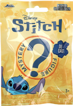 Żółta saszetka Disney Stitch Nano Metalfigs z figurką niespodzianką, duży niebieski znak zapytania, widok z przodu.