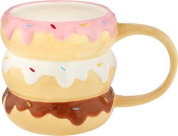 Ceramiczny kubek w kształcie trzech stacked donutów z kolorowymi polewami i posypką, widok z boku.