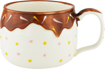 Kubek ceramiczny biały z brązową polewą i kolorowymi groszkami, imitujący babeczkę, widok z przodu.