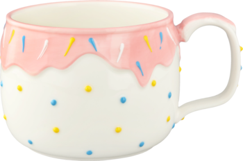 Biały ceramiczny kubek dekoracyjny z różową polewą w stylu donuta, kolorową posypką i kropkami, widok z przodu.