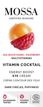 Mossa Certified Skincare Vitamin Cocktail Eye Cream label, front, halved sea buckthorn and raspberry for dark circles.