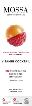 Mossa Vitamin Cocktail Rehydrating Energising Day Cream z rokitnikiem i maliną. Białe opakowanie, widok z przodu.