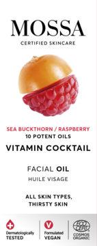 Mossa Vitamin Cocktail Facial Oil, etykieta. Obraz rokitnika i maliny. Vegan, organic, do skóry spragnionej.